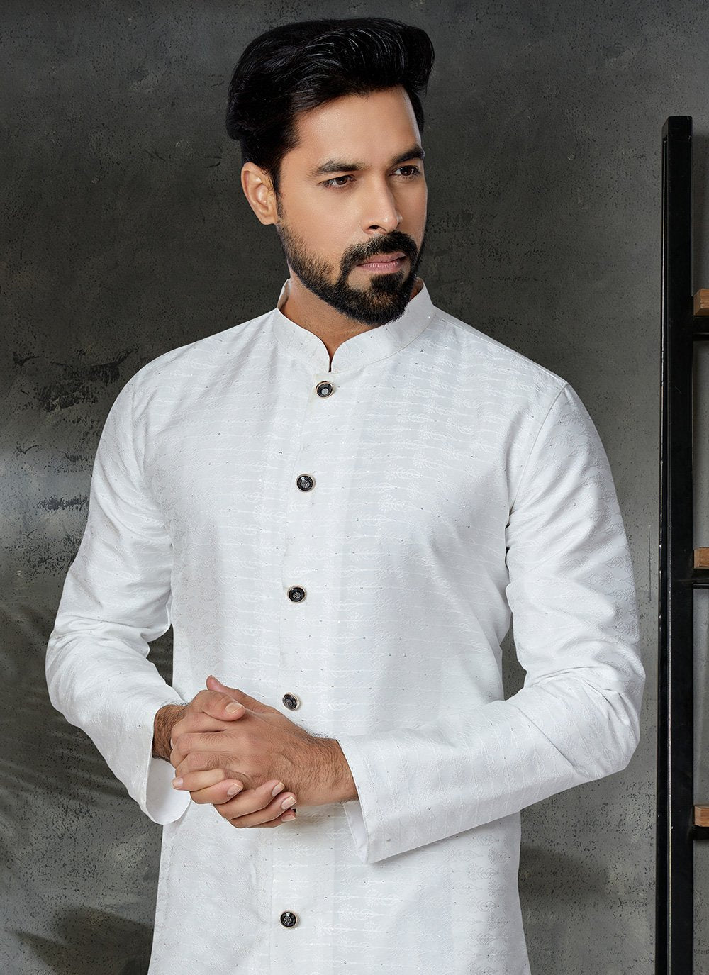 Kurta Pyjama Jacquard White Embroidered Mens