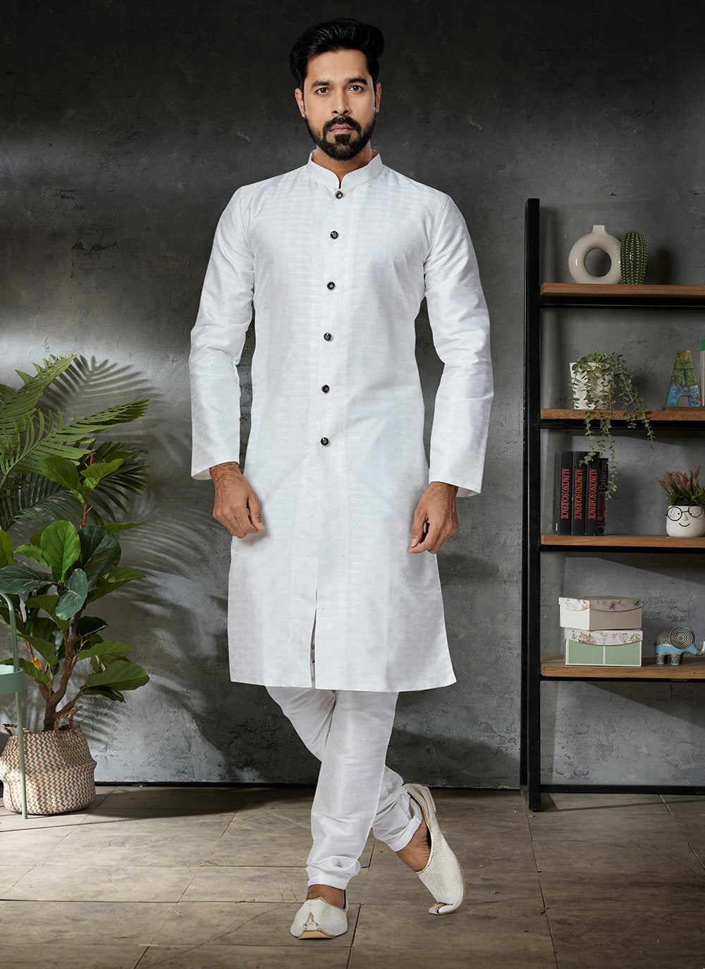 Kurta Pyjama Jacquard White Embroidered Mens