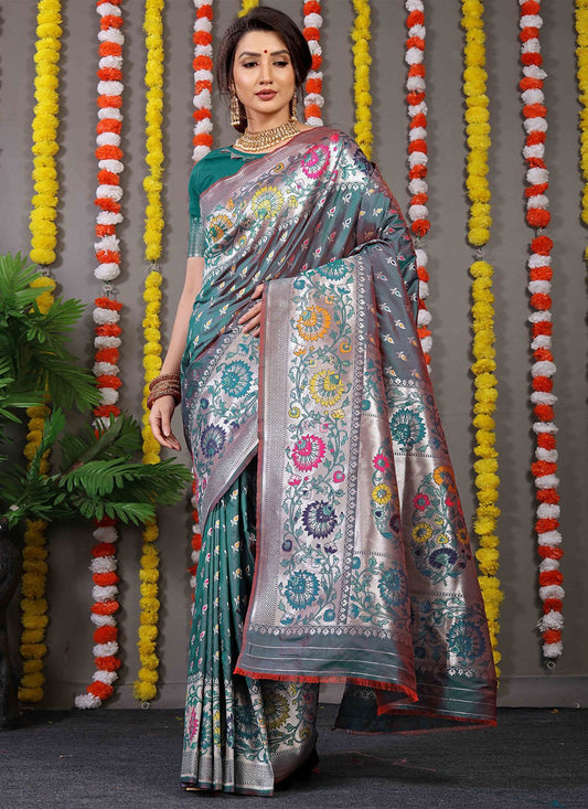 Contemporary Banarasi Silk Teal Jacquard Work Saree