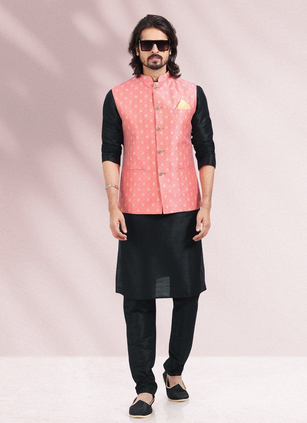 Kurta Payjama With Jacket Banarasi Silk Jacquard Black Pink Jacquard Work Mens