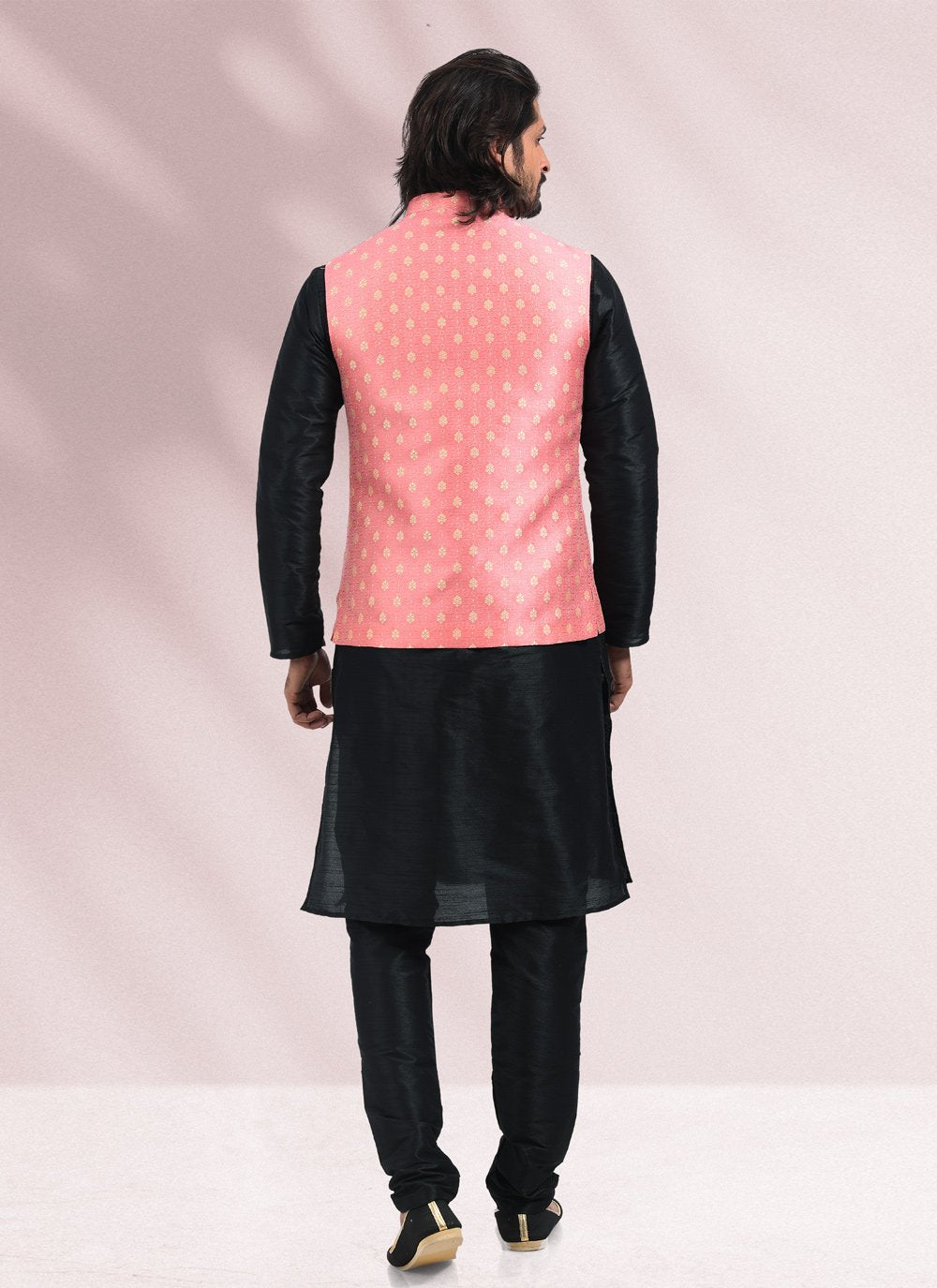 Kurta Payjama With Jacket Banarasi Silk Jacquard Black Pink Jacquard Work Mens