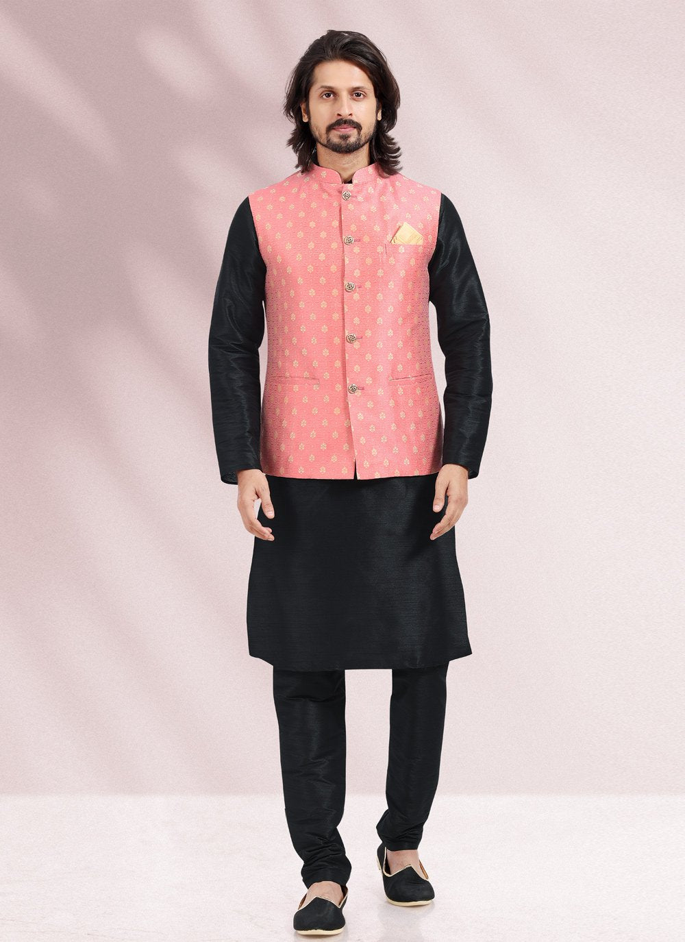 Kurta Payjama With Jacket Banarasi Silk Jacquard Black Pink Jacquard Work Mens