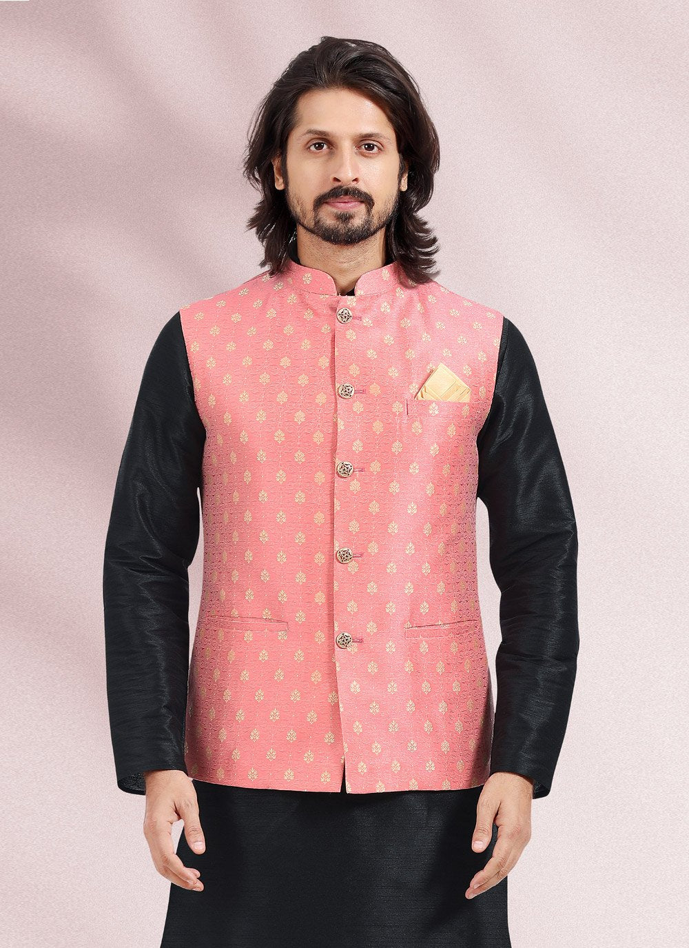 Kurta Payjama With Jacket Banarasi Silk Jacquard Black Pink Jacquard Work Mens