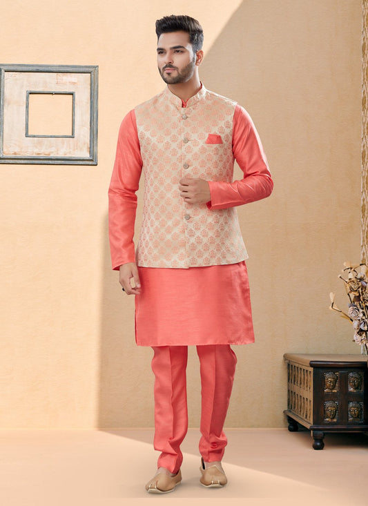 Kurta Payjama With Jacket Banarasi Silk Dupion Silk Cream Peach Jacquard Work Mens