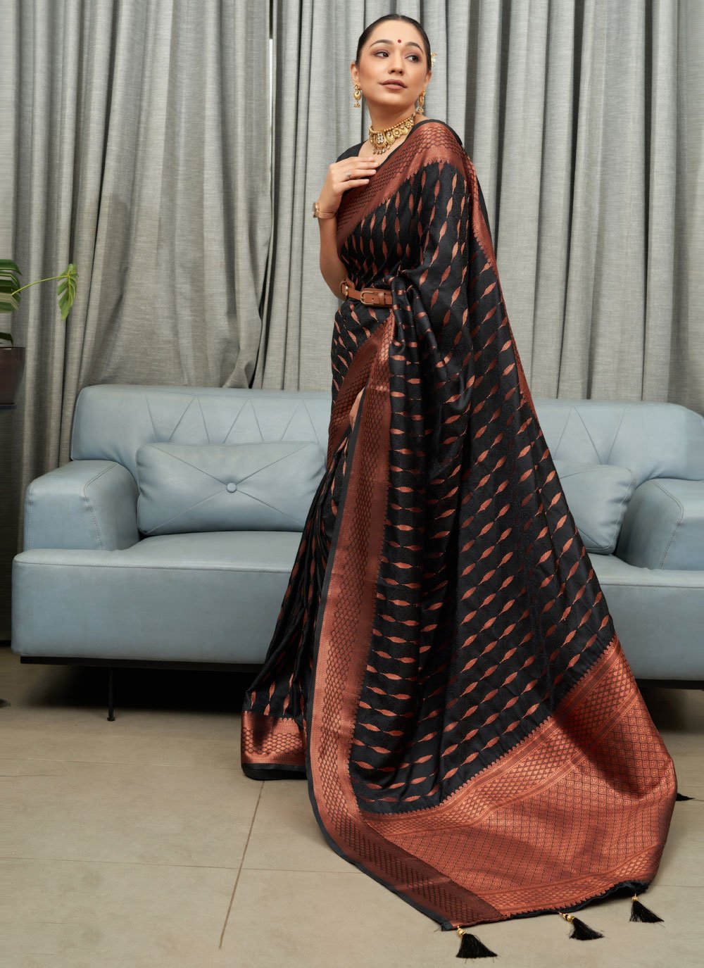 Trendy Saree Silk Black Jacquard Work Saree