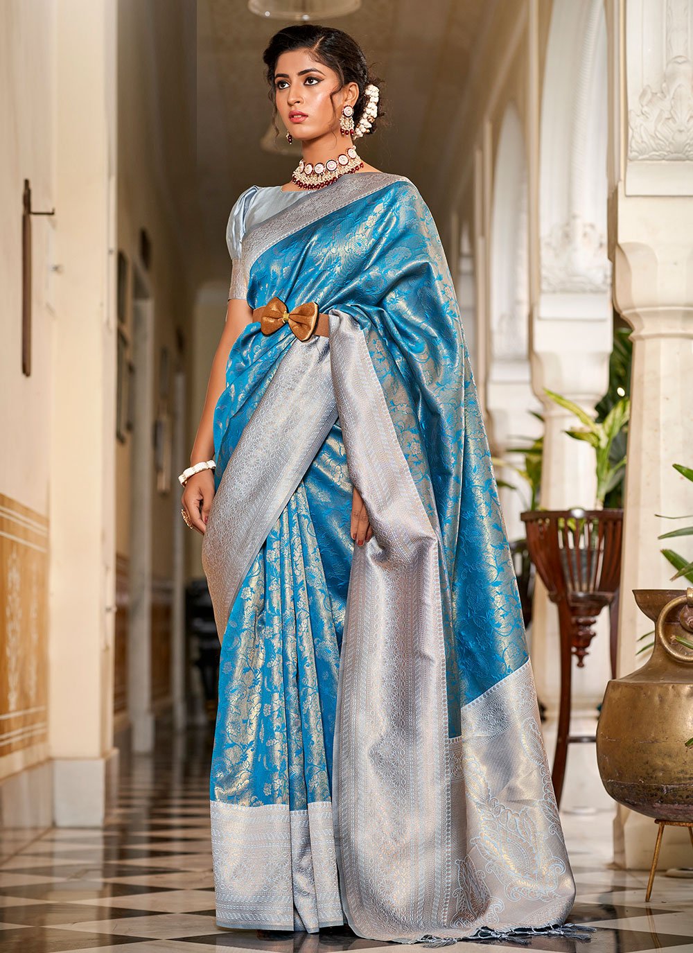 Trendy Saree Banarasi Silk Blue Grey Jacquard Work Saree