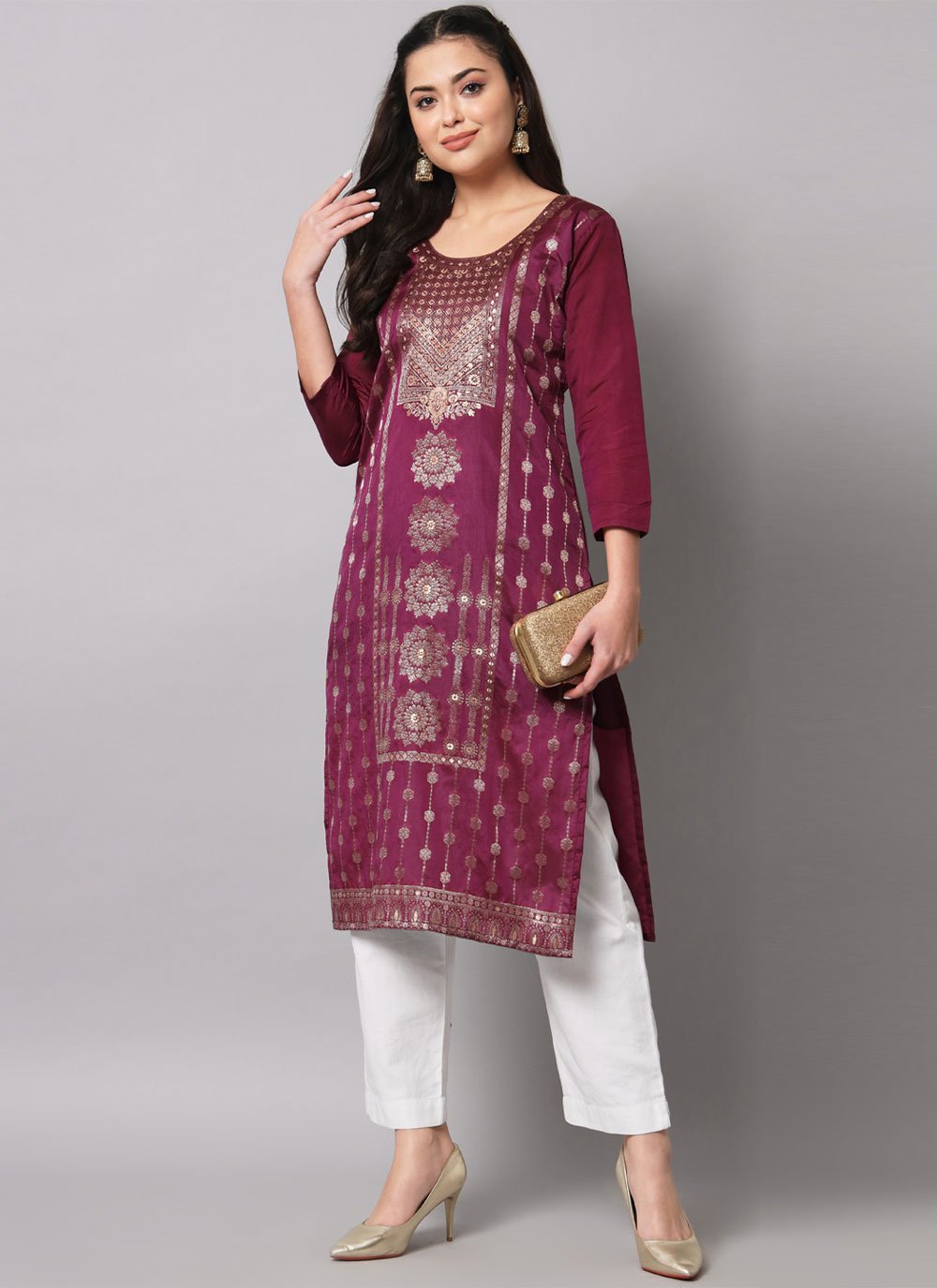 Casual Kurti Cotton Silk Wine Jacquard Work Kurtis