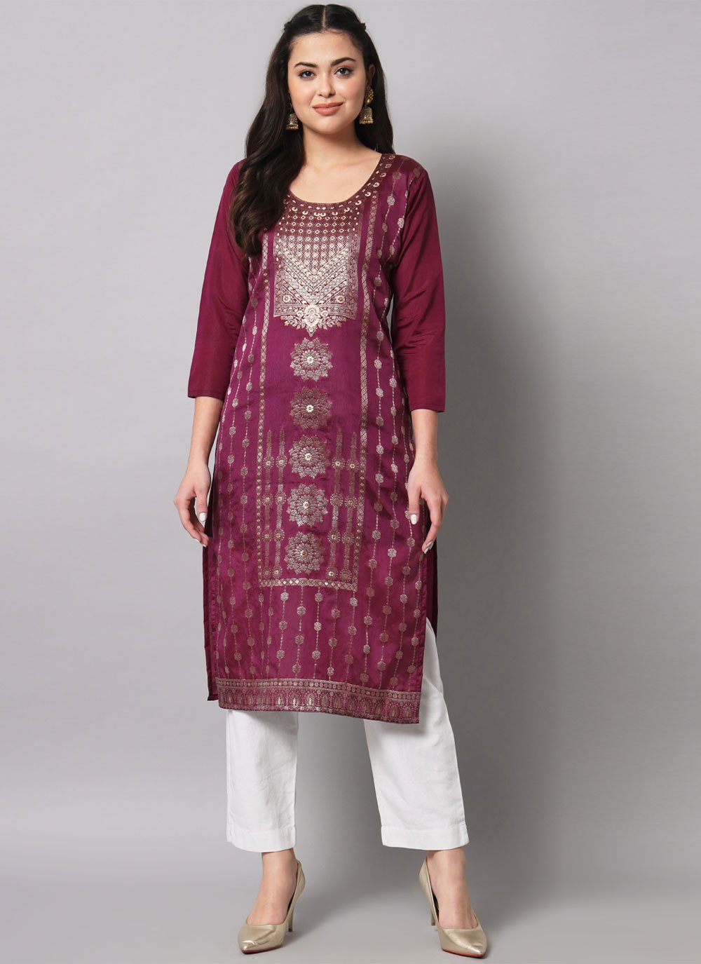 Casual Kurti Cotton Silk Wine Jacquard Work Kurtis