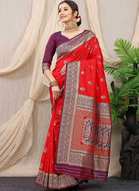 Contemporary Banarasi Silk Red Jacquard Work Saree