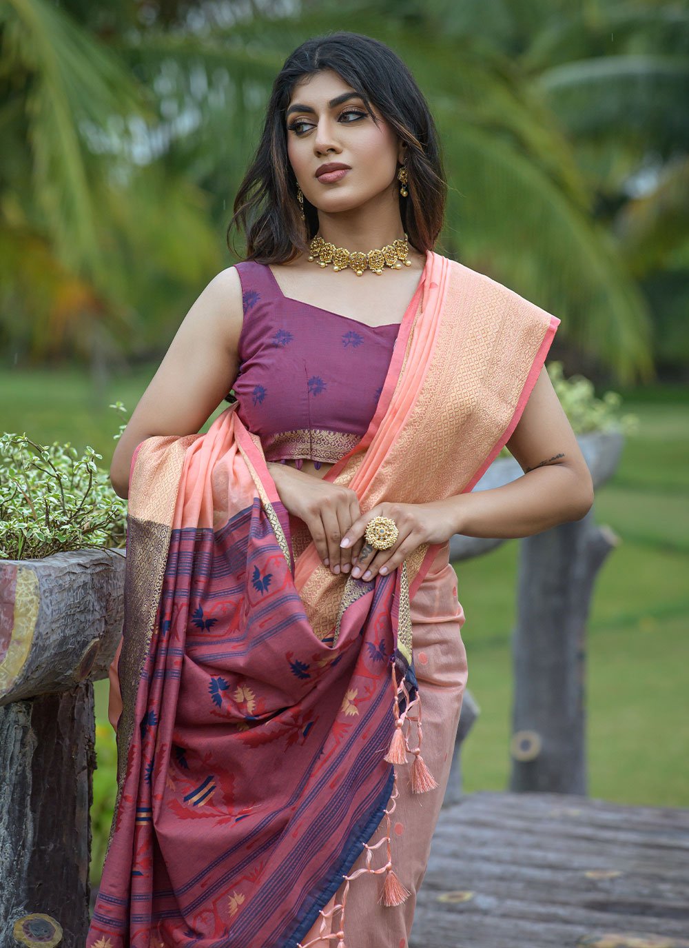 Classic Cotton Linen Peach Jacquard Work Saree