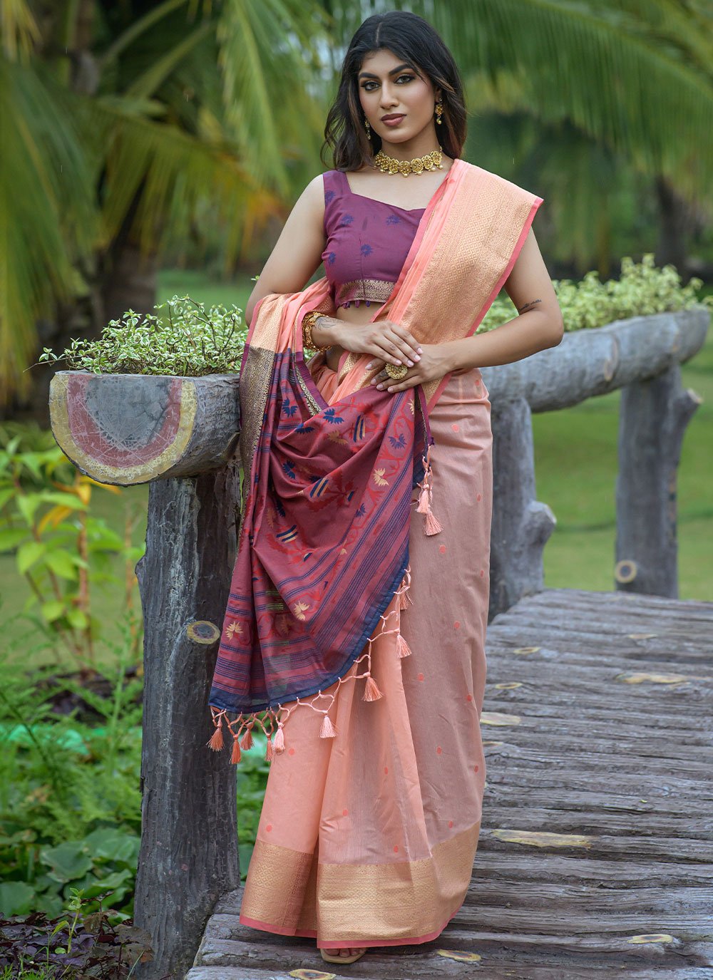 Classic Cotton Linen Peach Jacquard Work Saree