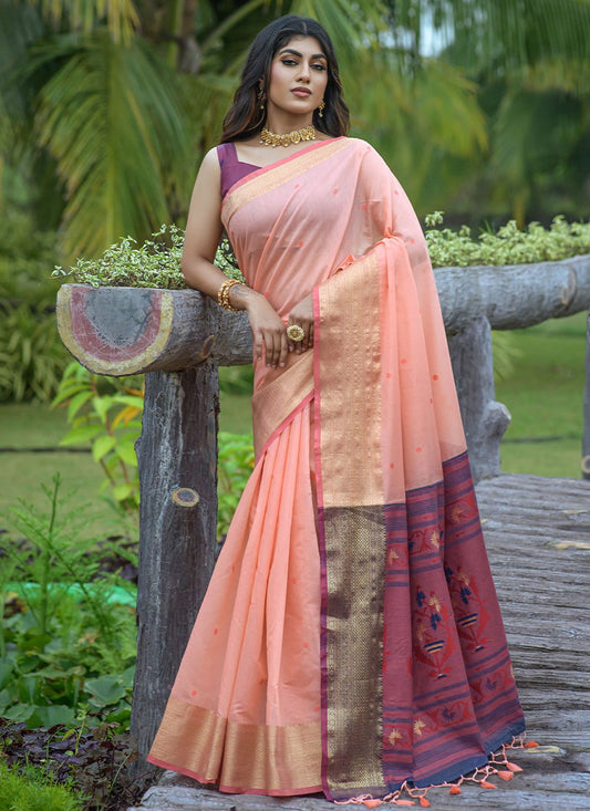 Classic Cotton Linen Peach Jacquard Work Saree