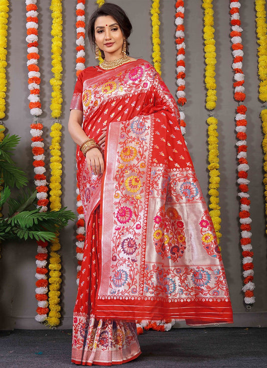 Designer Banarasi Silk Red Jacquard Work Saree