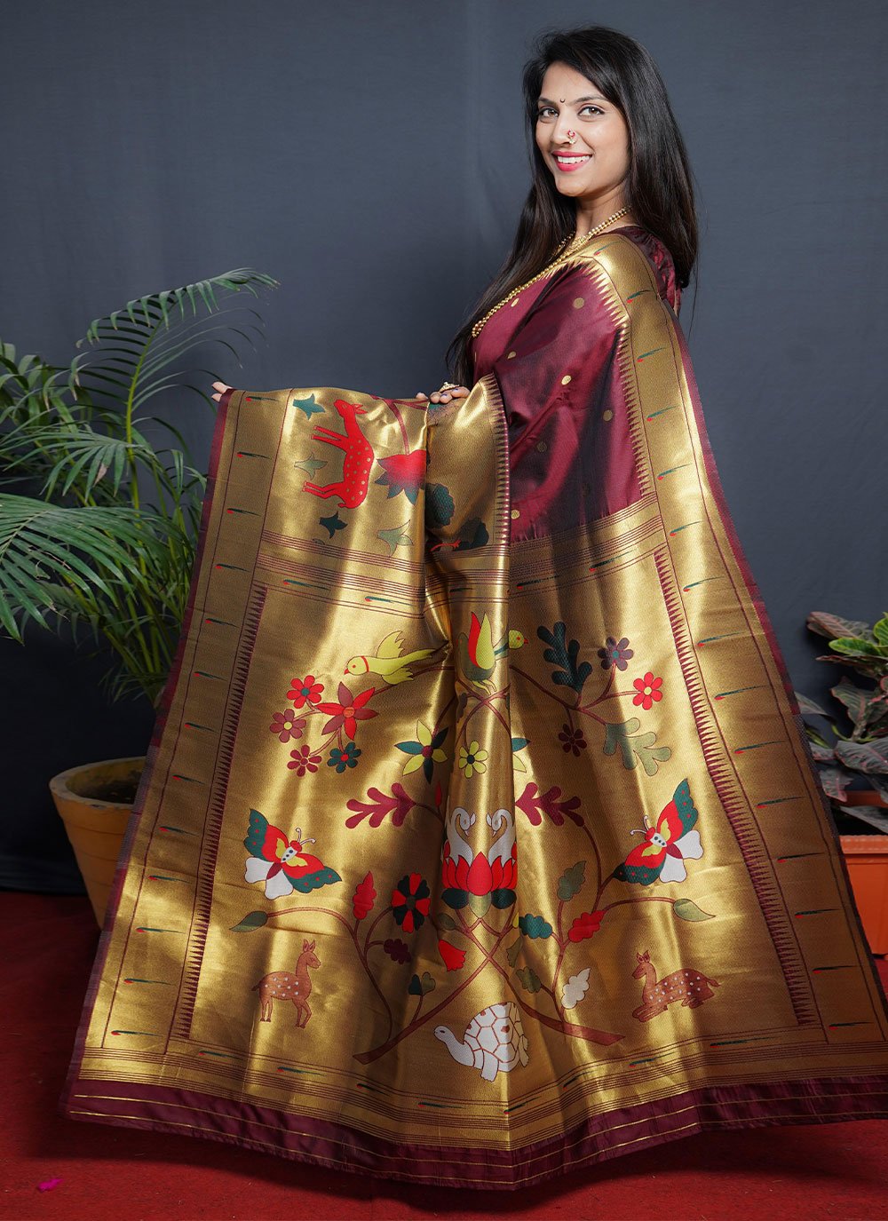 Designer Silk Maroon Jacquard Work Saree