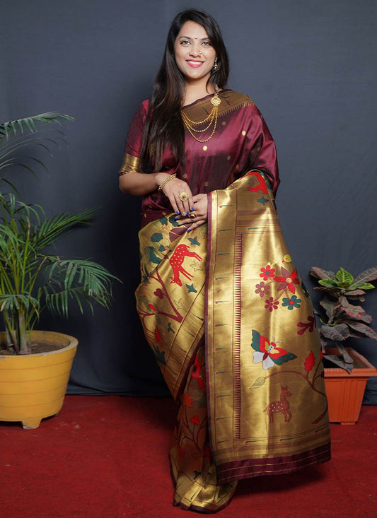 Designer Silk Maroon Jacquard Work Saree