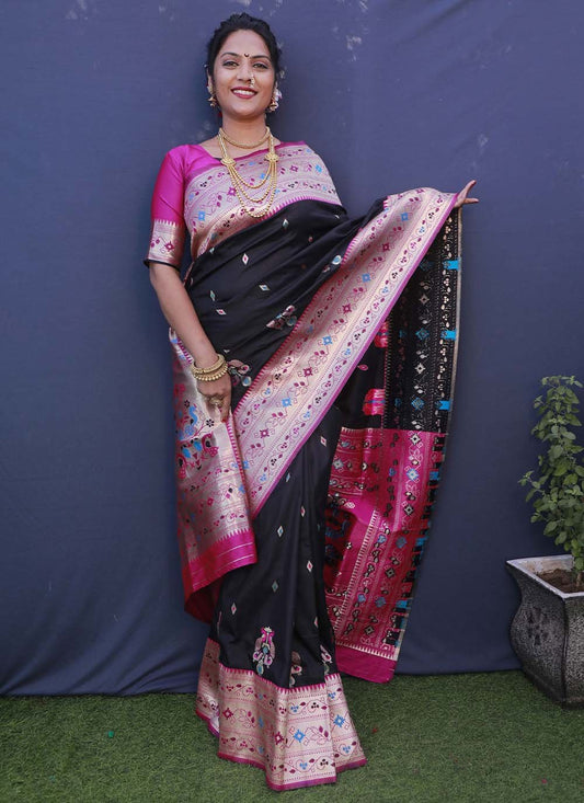 Designer Banarasi Silk Black Jacquard Work Saree