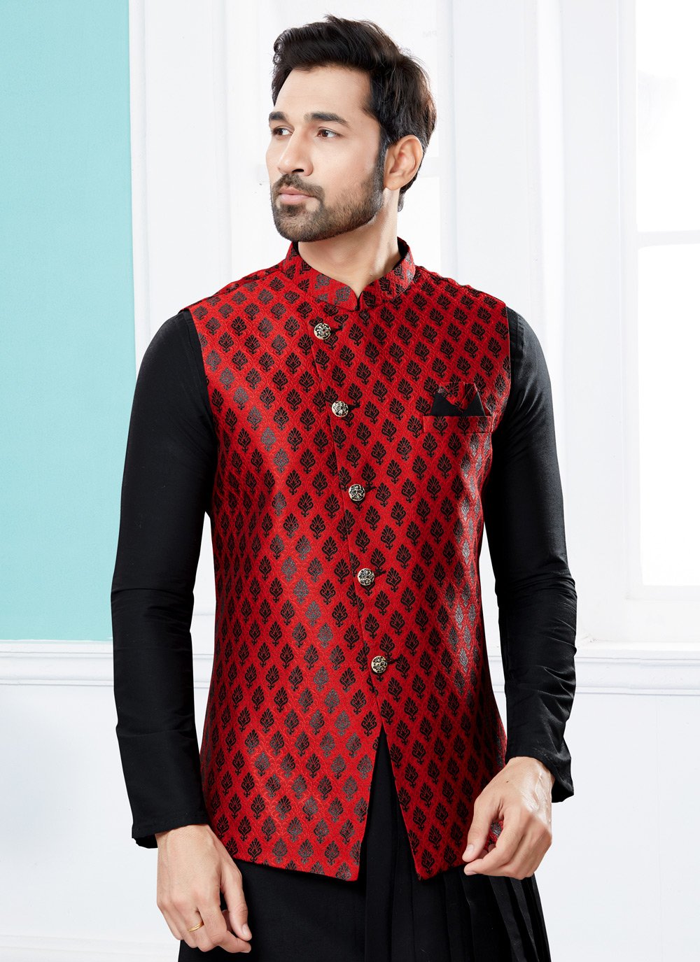 Indo Western Banarasi Silk Dupion Silk Black Red Jacquard Work Mens