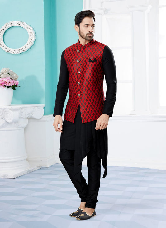 Indo Western Banarasi Silk Dupion Silk Black Red Jacquard Work Mens