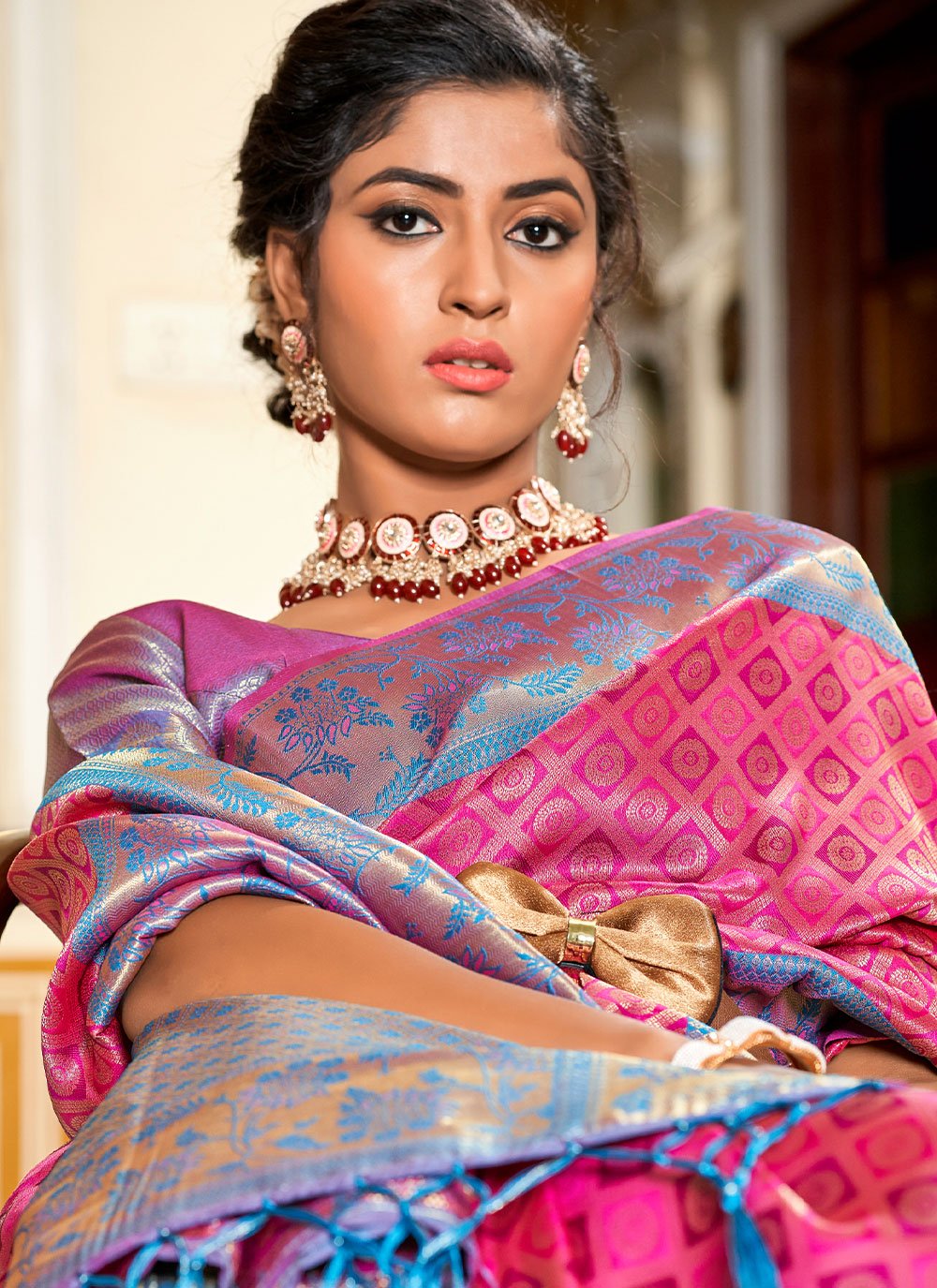 Contemporary Banarasi Silk Pink Jacquard Work Saree