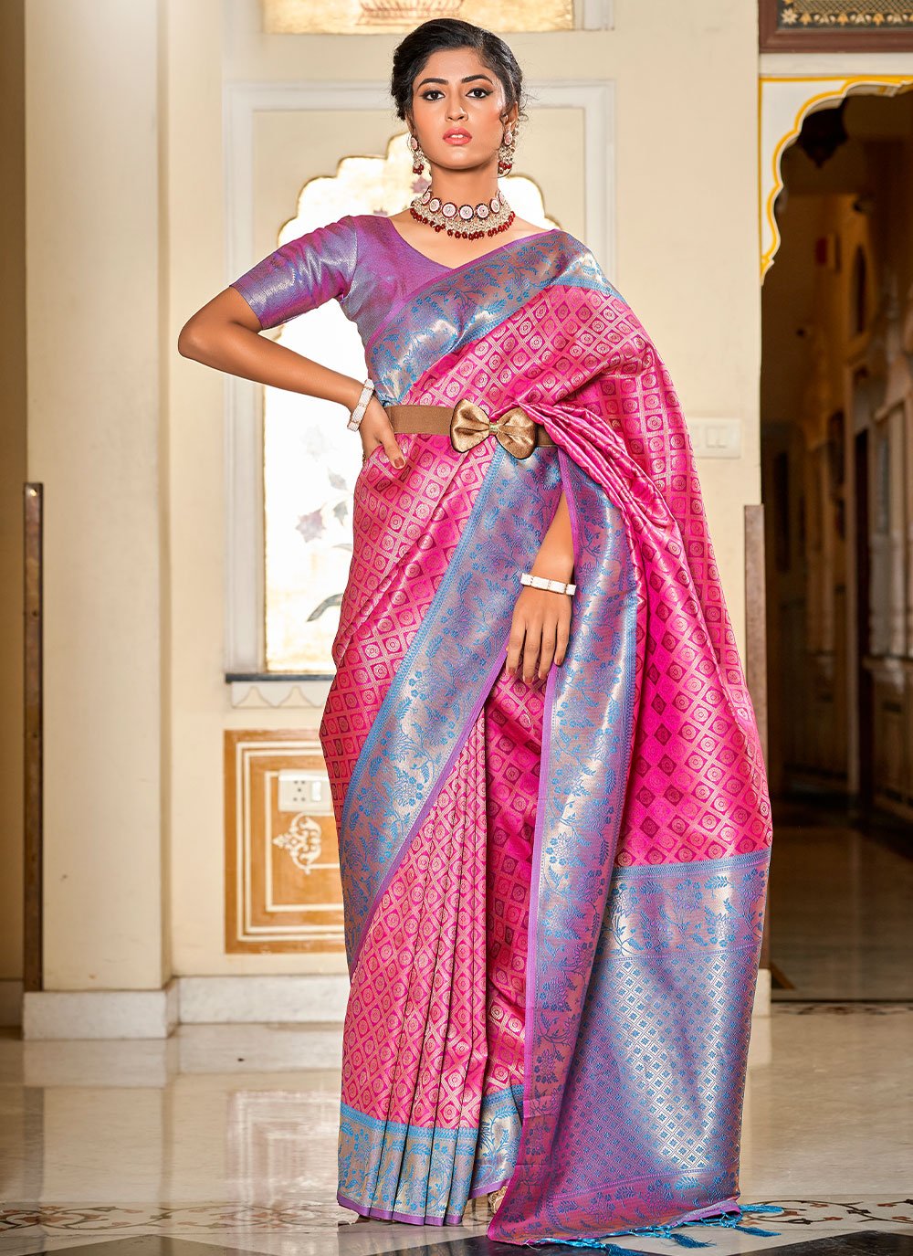 Contemporary Banarasi Silk Pink Jacquard Work Saree