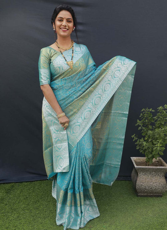 Classic Banarasi Silk Aqua Blue Jacquard Work Saree