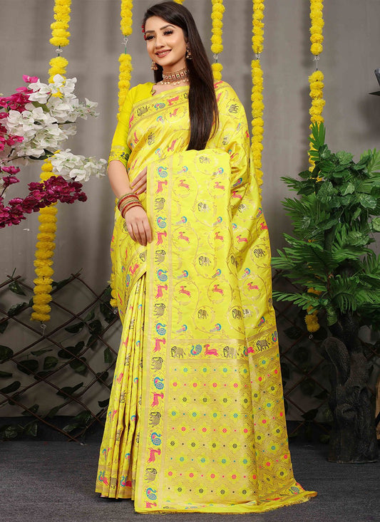 Contemporary Banarasi Silk Yellow Jacquard Work Saree