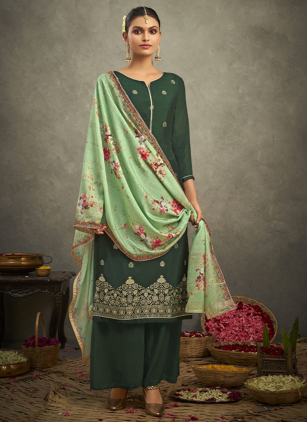 Salwar Suit Silk Green Jacquard Work Salwar Kameez