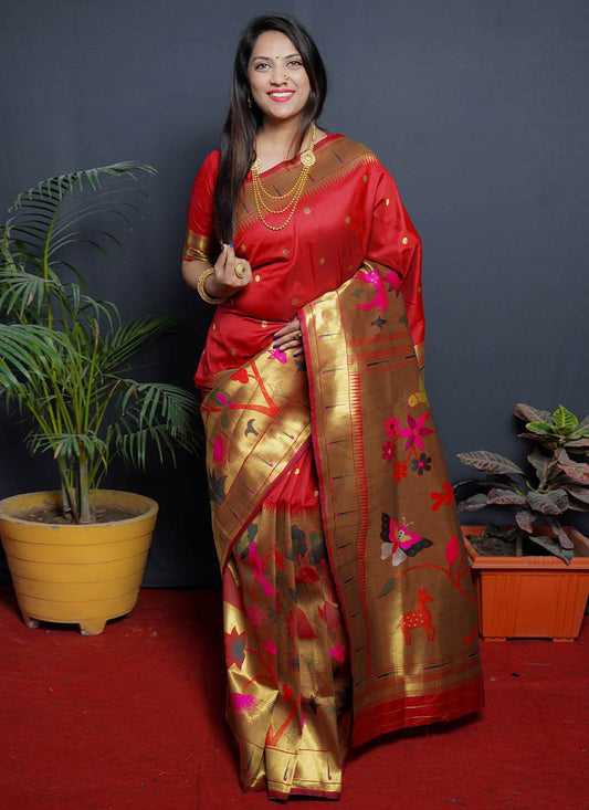 Trendy Saree Silk Red Jacquard Work Saree