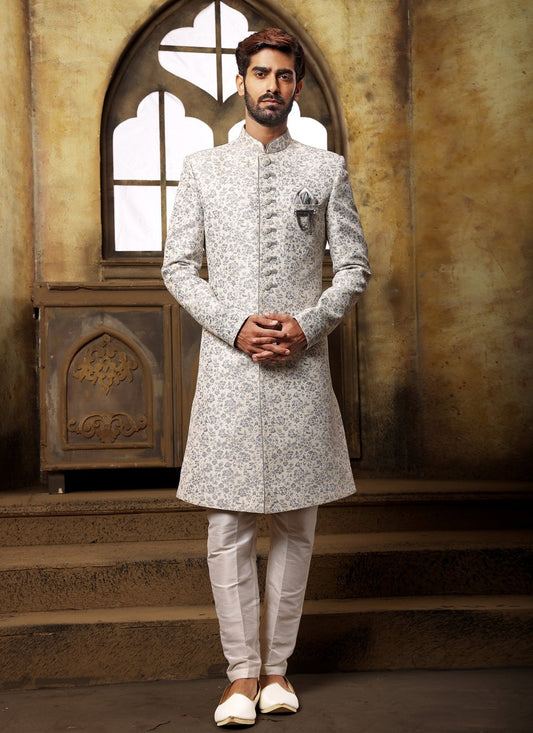 Indo Western Sherwani Imported Off White Jacquard Work Mens