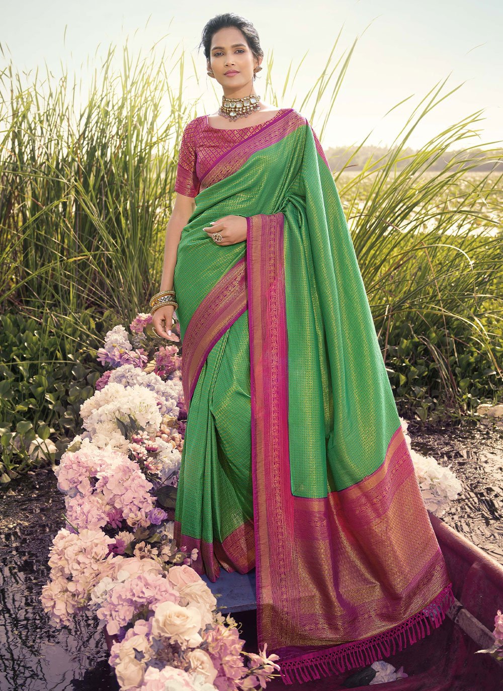 Classic Kanjivaram Silk Green Purple Jacquard Work Saree