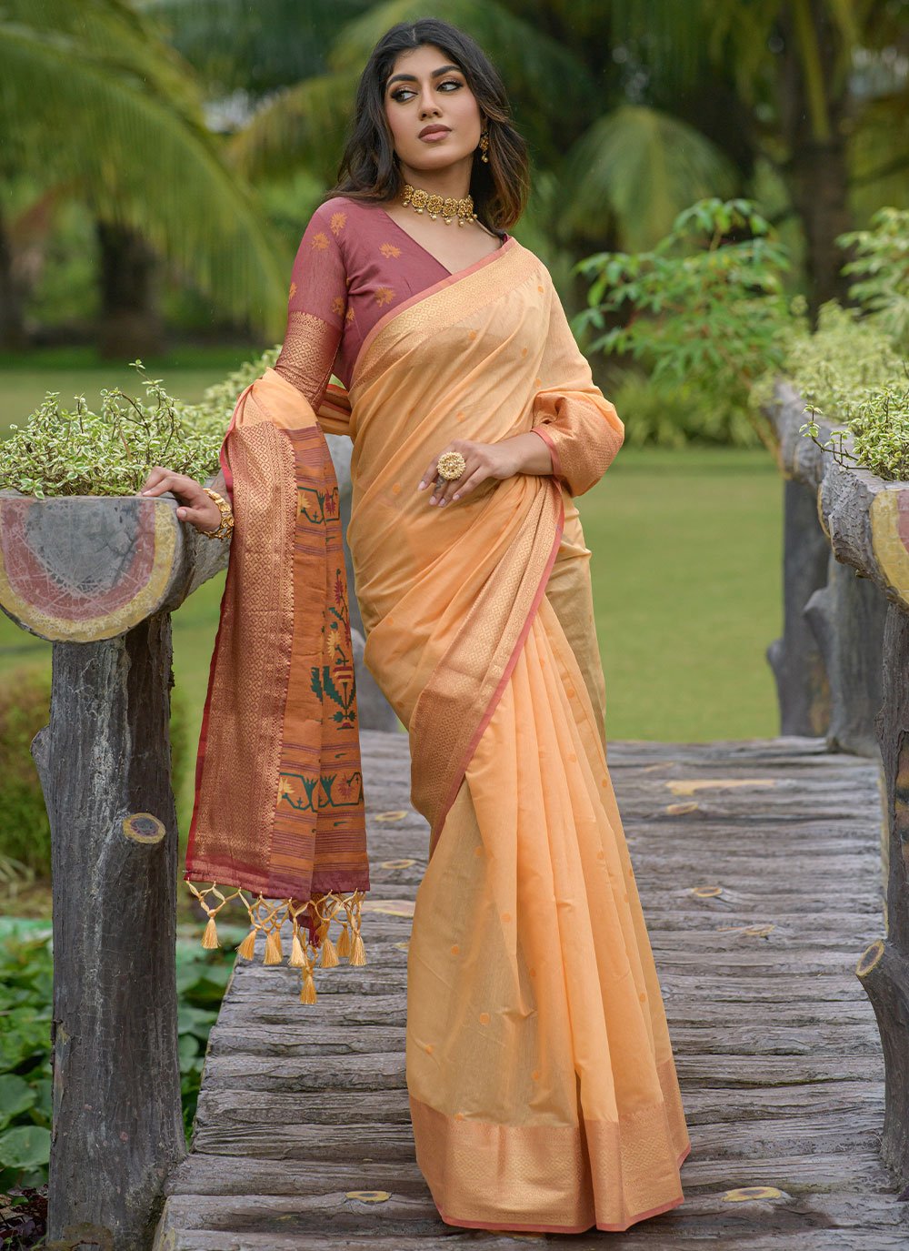 Classic Cotton Linen Orange Jacquard Work Saree