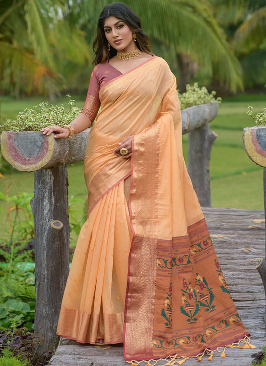 Classic Cotton Linen Orange Jacquard Work Saree