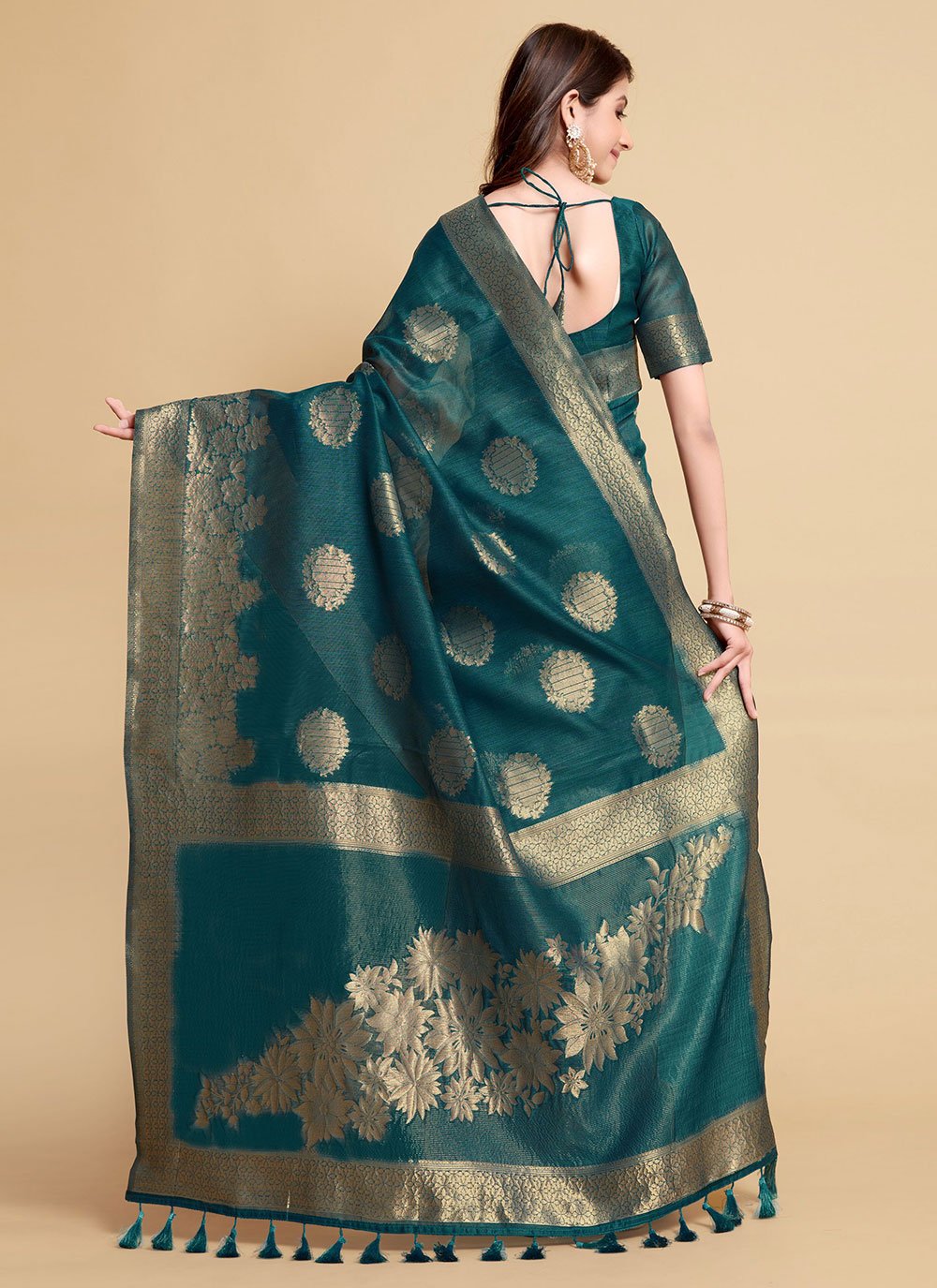 Classic Linen Blue Teal Jacquard Work Saree