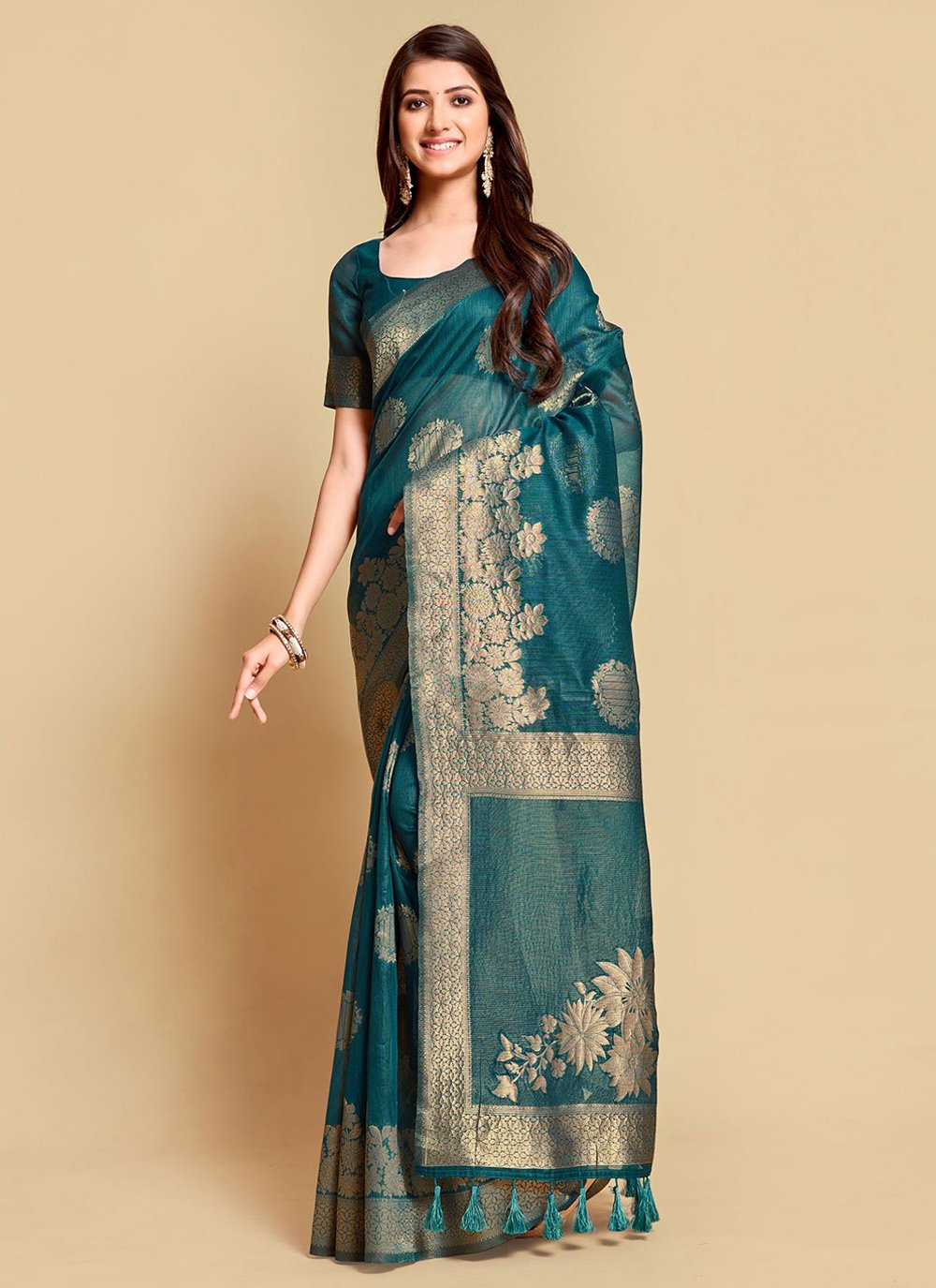 Classic Linen Blue Teal Jacquard Work Saree