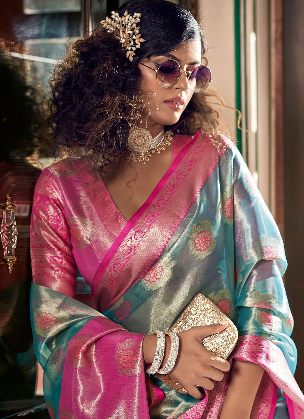 Contemporary Organza Aqua Blue Jacquard Work Saree