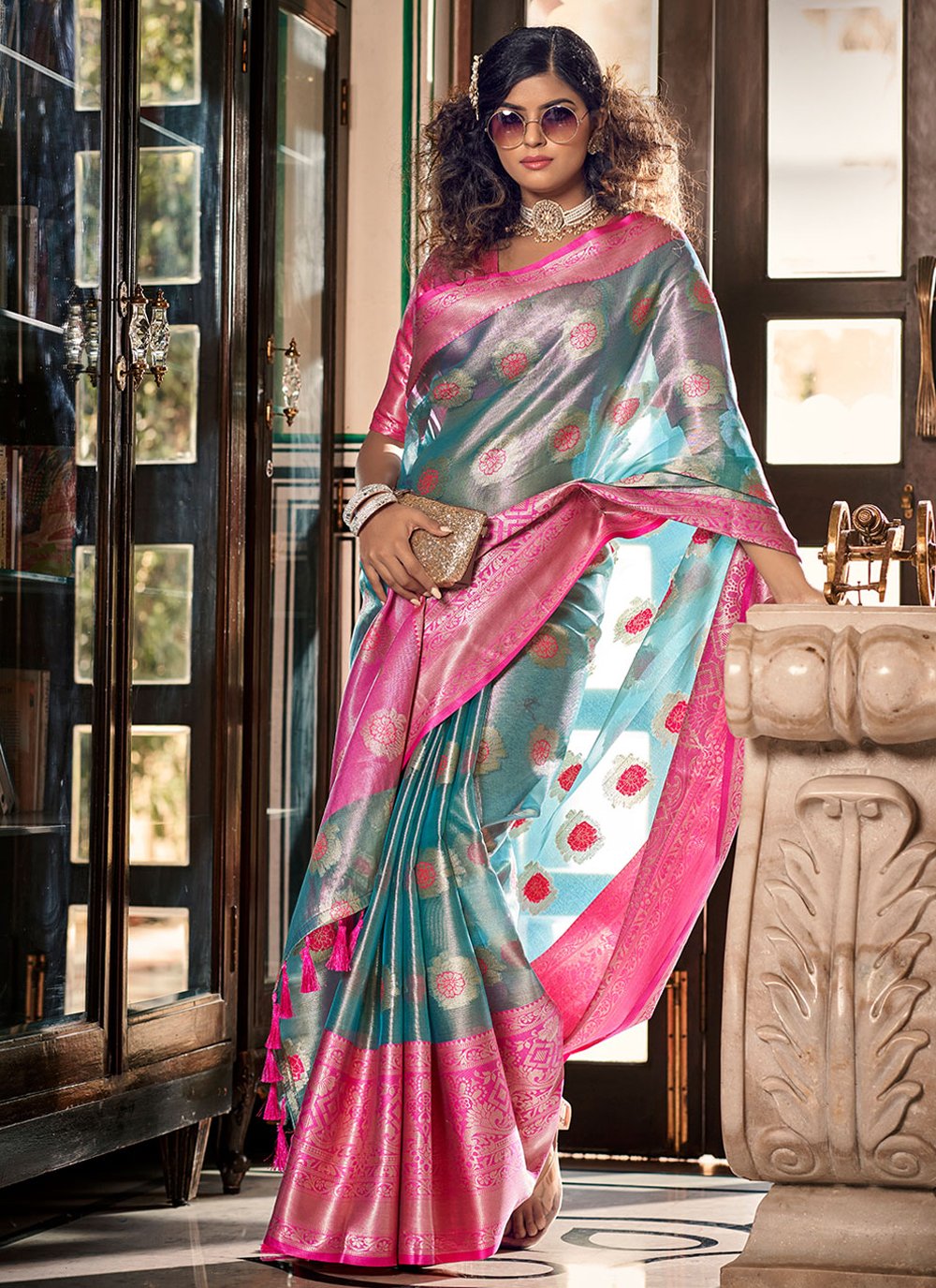 Contemporary Organza Aqua Blue Jacquard Work Saree