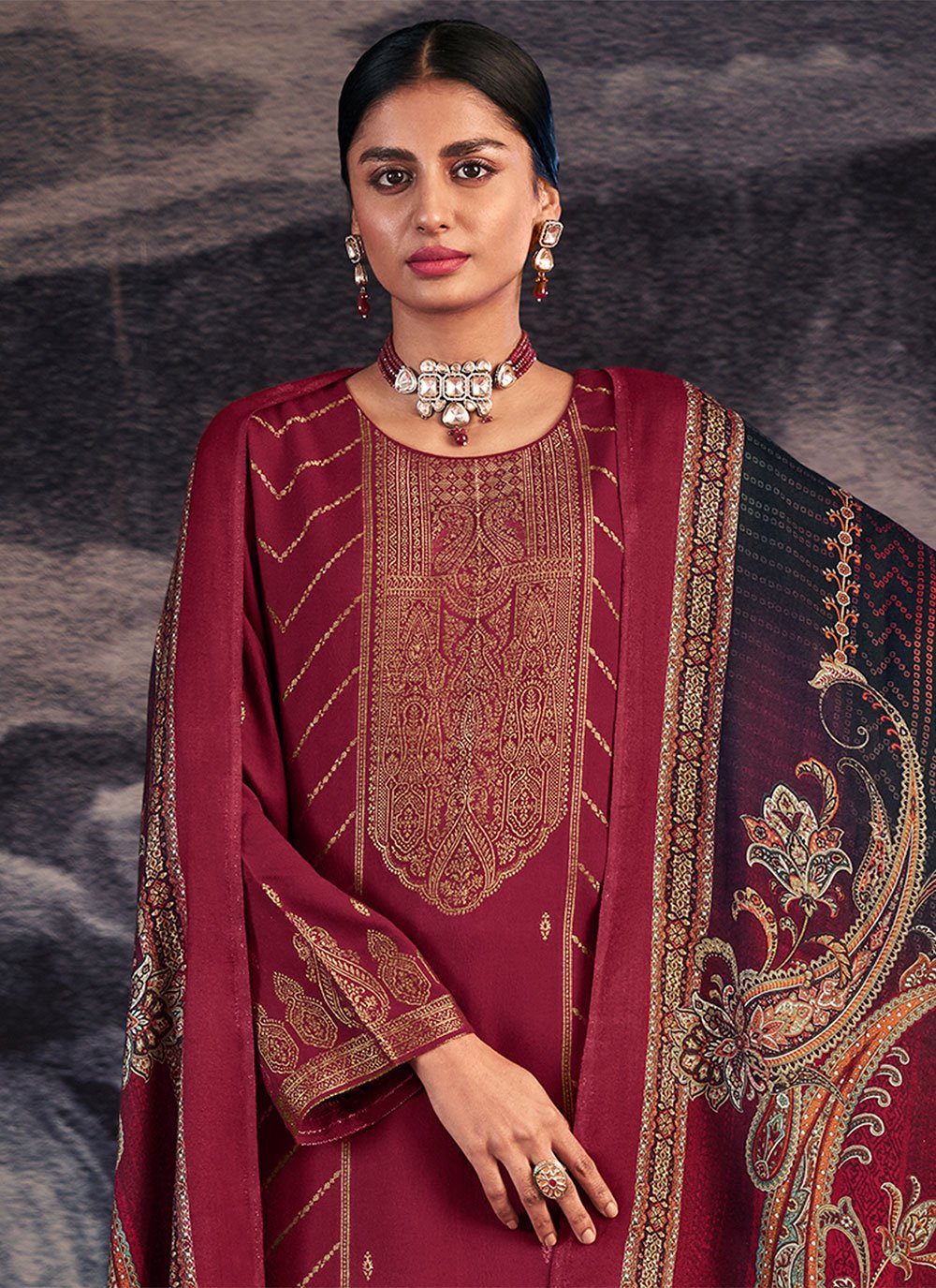 Palazzo Salwar Suit Pashmina Maroon Jacquard Work Salwar Kameez