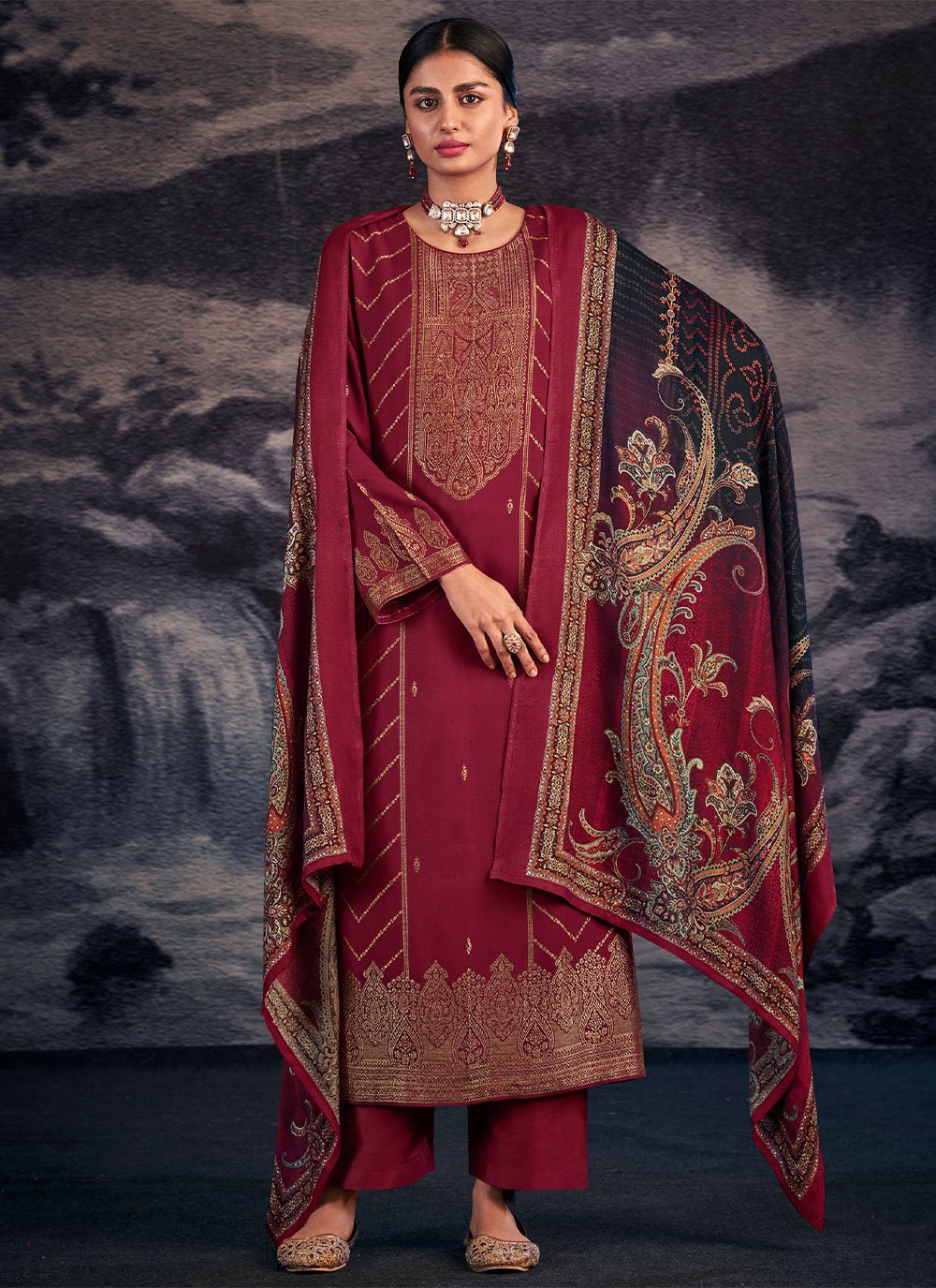 Palazzo Salwar Suit Pashmina Maroon Jacquard Work Salwar Kameez