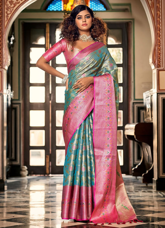 Classic Organza Aqua Blue Jacquard Work Saree