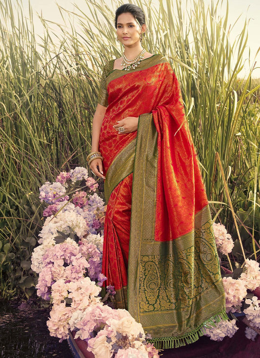 Trendy Saree Kanjivaram Silk Red Jacquard Work Saree