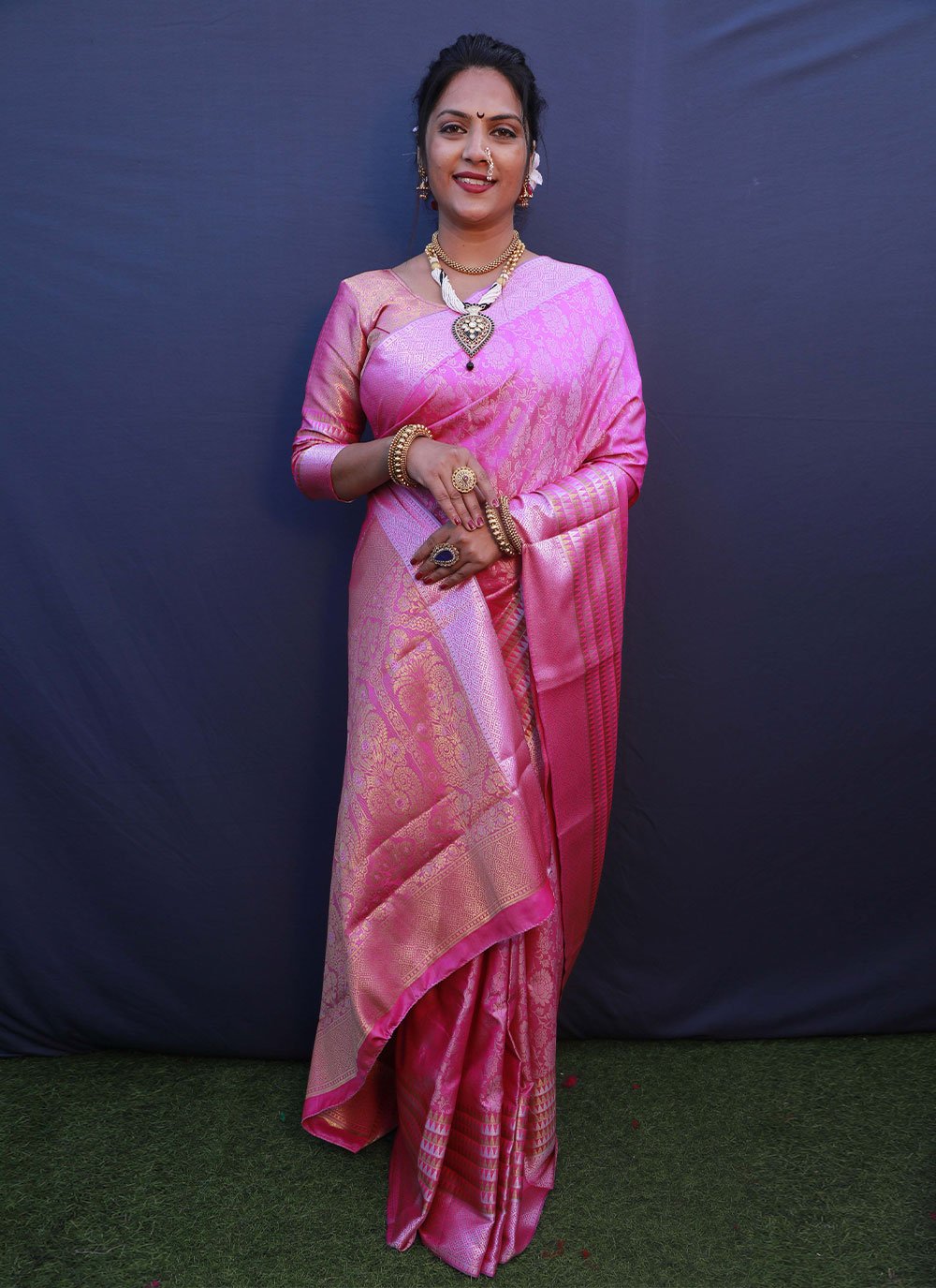 Contemporary Banarasi Silk Pink Jacquard Work Saree