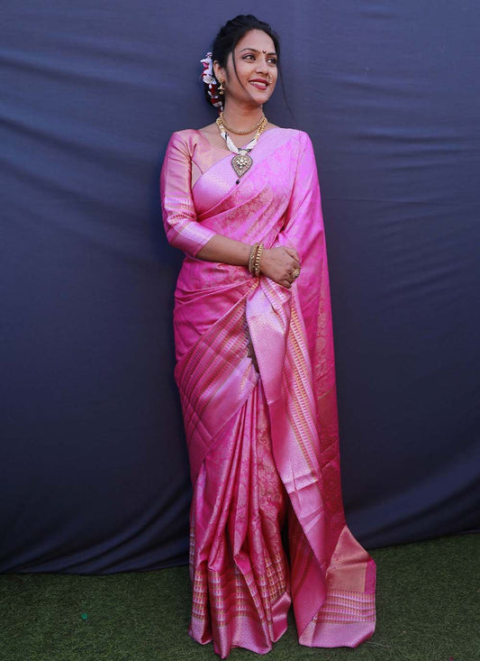 Contemporary Banarasi Silk Pink Jacquard Work Saree