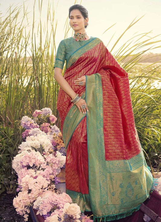 Contemporary Kanjivaram Silk Red Jacquard Work Saree