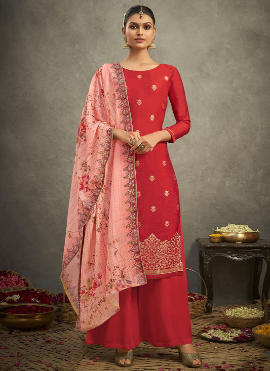 Trendy Suit Silk Red Jacquard Work Salwar Kameez