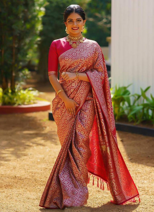 Trendy Saree Banarasi Silk Red Jacquard Work Saree