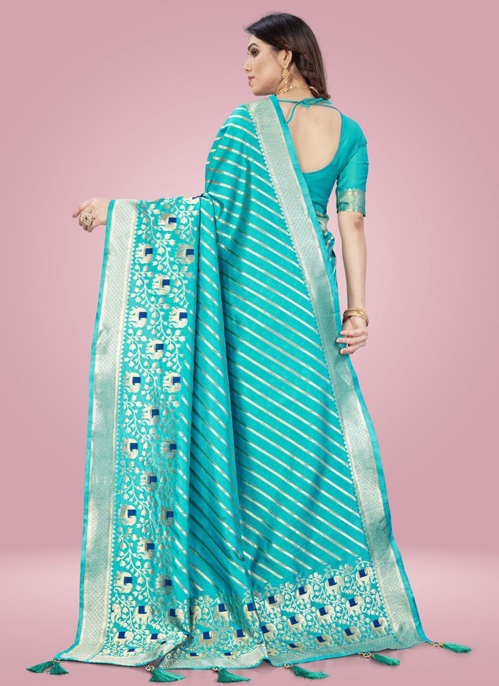 Classic Silk Turquoise Jacquard Work Saree