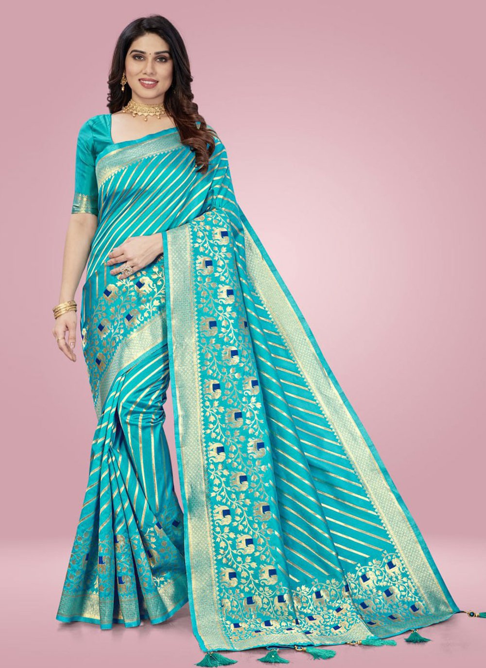 Classic Silk Turquoise Jacquard Work Saree