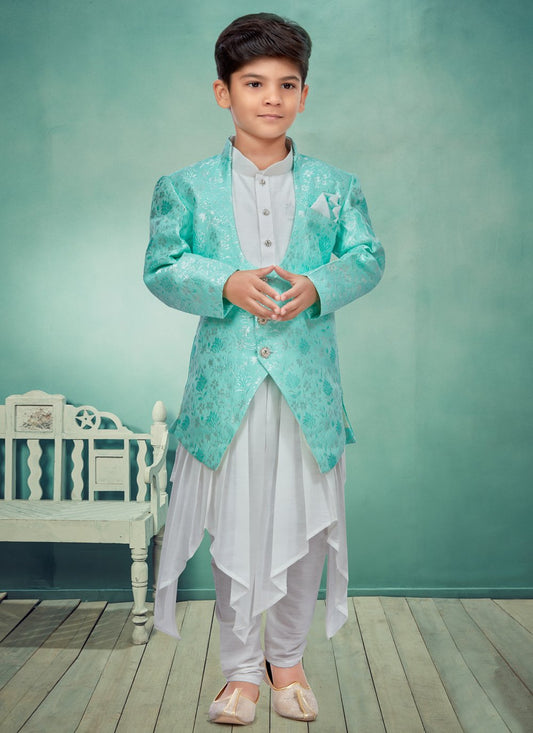 Kurta Payjama With Jacket Silk Firozi Off White Jacquard Work Kids