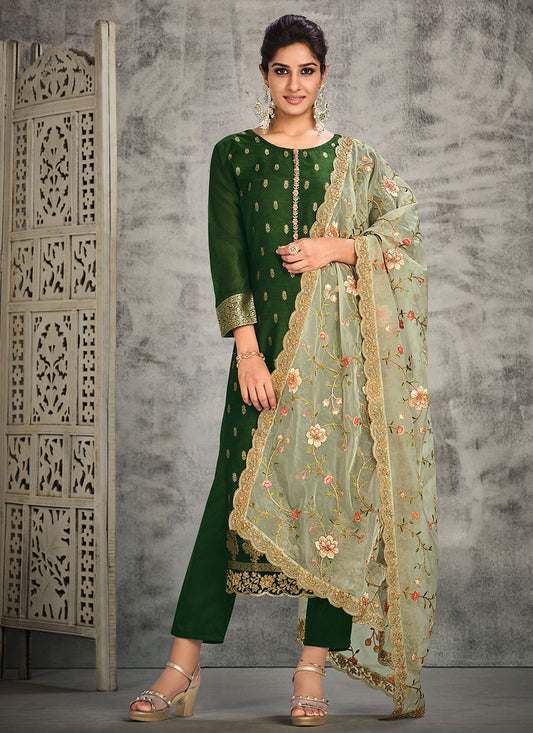 Pant Style Suit Organza Silk Green Hand Work Salwar Kameez