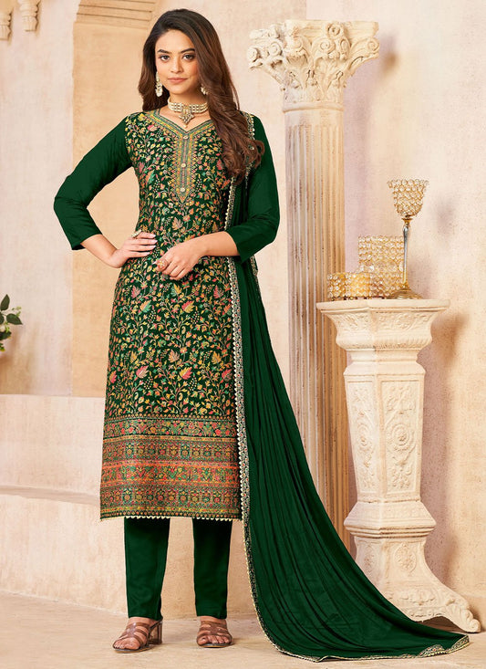 Straight Salwar Suit Pure Dola Green Diamond Salwar Kameez